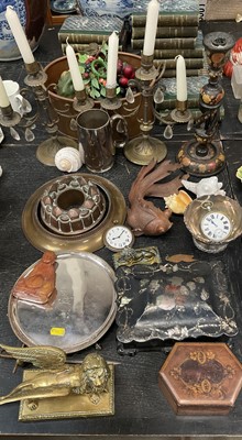 Lot 138 - Assorted works of art including Old Sheffield plate card tray, papier mâché box, carved Japanese carp, pocket watches, jelly mould, books, sundries