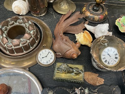 Lot 138 - Assorted works of art including Old Sheffield plate card tray, papier mâché box, carved Japanese carp, pocket watches, jelly mould, books, sundries