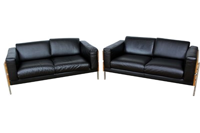 Lot 1430 - Stylish pair of Robin Day OBE (1915 2010) for Habitat, brown leather, ash and chrome two-seater sofas and matching coffee table