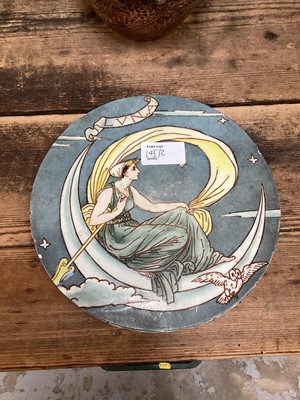 Lot 145 - Manner of Walter Crane, circular earthenware tile, titled Luna, by Benthall Works, Broseley, 20cm diameter, together with an Arts and Crafts jardinière by Mappin & Webb
