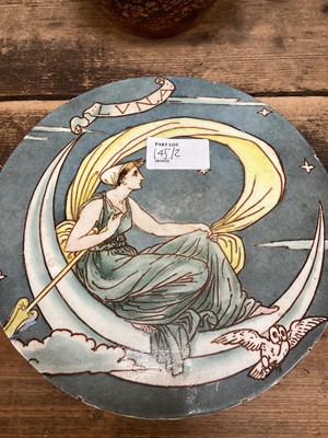 Lot 145 - Manner of Walter Crane, circular earthenware tile, titled Luna, by Benthall Works, Broseley, 20cm diameter, together with an Arts and Crafts jardinière by Mappin & Webb