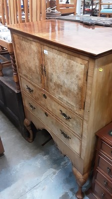 Lot 1218 - Queen Anne style burr walnut cabinet with two doors and two drawers below on cabriole legs and pad feet, 92.5cm wide, 48.5cm deep, 129cm high