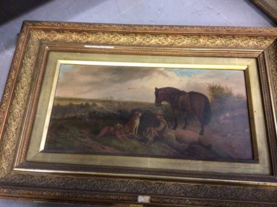 Lot 844 - Three oil on canvas pictures ponies and cattle, framed, plus unframed prints and cigarette cards