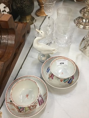 Lot 459 - Pair 18th century Chinese export tea bowls and saucers, Lladro duck and sundry glassware