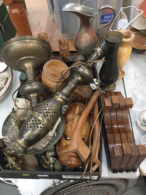 Lot 460 - Eastern metalware including lamp, folding table and trays, china, ornaments and sundries ( 3 boxes)