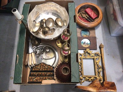 Lot 343 - Silver plated punch bowl, gilt metal foliate scroll frame, brass candlesticks, wooden bowl and sundries