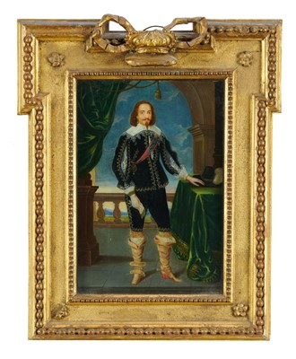 Lot 1186 - English School, 18th century, oil on panel - portrait of Charles I in black dress, wearing the Jewel and Riband of the Garter, standing on a terrace, 27cm x 19cm, in ornate gilt frame with crown su...