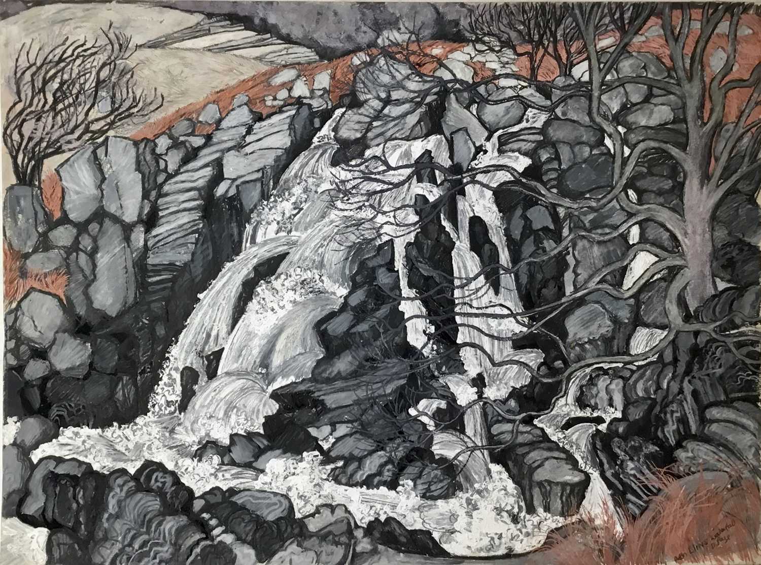 Lot 24 - *Dione Page (1936-2021) gouache and pastel on paper laid on card - ‘Afon Lliw falls’, signed and titled, unframed