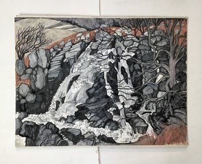 Lot 24 - *Dione Page (1936-2021) gouache and pastel on paper laid on card - ‘Afon Lliw falls’, signed and titled, unframed