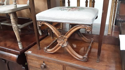 Lot 1244 - Good quality stool with floral tapestry seat on x frame joined by turned stretchers, 49cm wide, 43cm deep, 42cm high