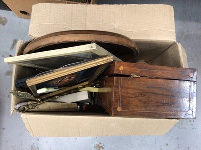 Lot 46 - Sundry items, including a Victorian mahogany box, binoculars, cigarette cards, glass topped display case, etc (4 boxes)