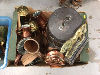 Lot 47 - Two boxes containing antique copper, brass and pewter, and other items