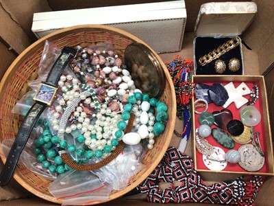 Lot 1018 - Vintage bead necklaces, pair gilt metal Burberrys clip on earrings, Liberty wristwatch and other costume jewellery