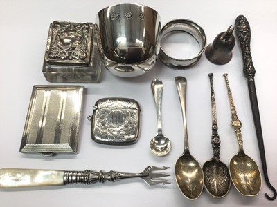 Lot 1021 - Group of silver to include cup/lid, napkin ring, two vesta cases, tooth fairy pot, silver topped glass stamp box and flatware