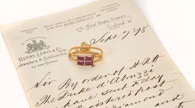 Lot 5 - HRH The Duke of d'Abruzzi, Fine Victorian diamond and ruby scarf clip with original letter from the Royal jewellers Henry Lewis & Co, 172 New Bond Street, London. Sept. 7th 1898.