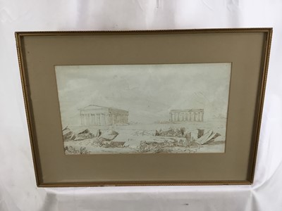 Lot 74 - Late 18th / early 19th century Grand Tour monochrome sketch - the Temples at Paestum, framed