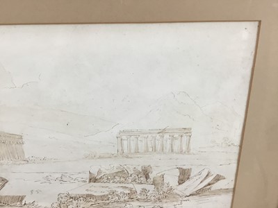 Lot 74 - Late 18th / early 19th century Grand Tour monochrome sketch - the Temples at Paestum, framed