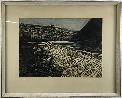 Lot 123 - English School, late 20th century lino-cut with hand colouring - weir, framed, 78.5cm x 64cm overall