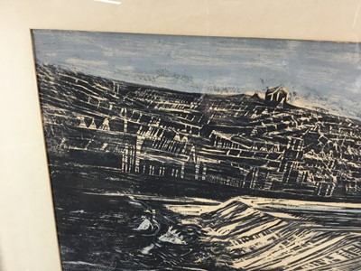 Lot 123 - English School, late 20th century lino-cut with hand colouring - weir, framed, 78.5cm x 64cm overall