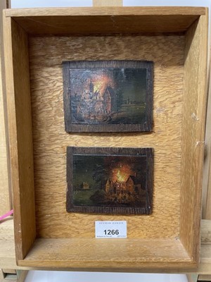 Lot 110 - Continental School, 19th century, pair of miniature oils depicting conflagrations, 8cm x 10cm each, mounted as one