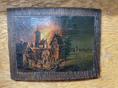 Lot 260 - Continental School, 19th century, pair of miniature oils depicting conflagrations, 8cm x 10cm each, mounted as one