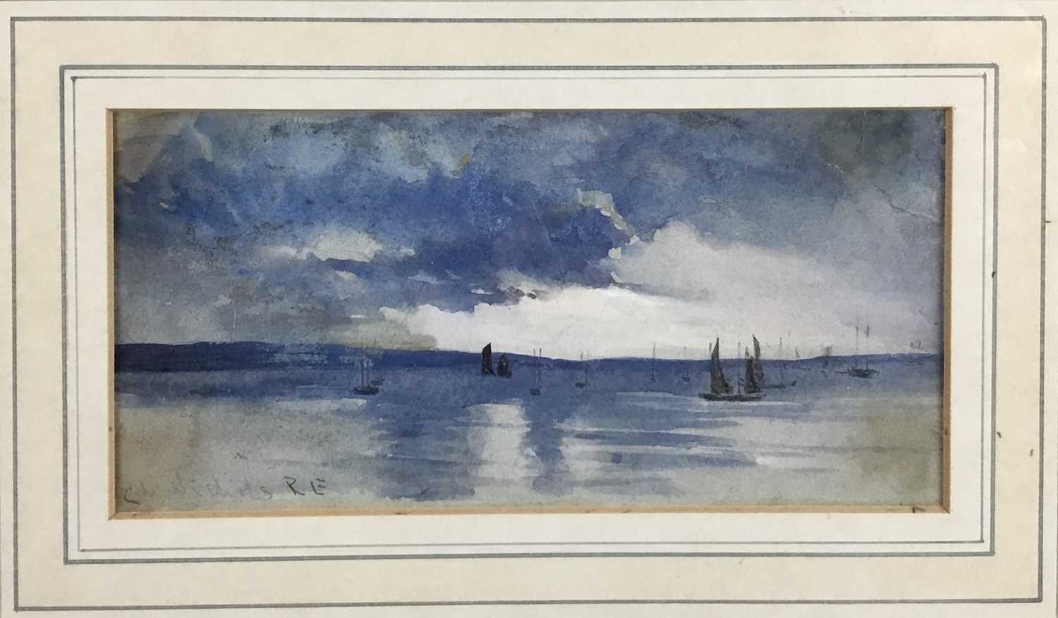 Lot 78 - C M Nichols, signed watercolour, marine scene, 18.5cm x 9cm together with a monochrome watercolour of shepherd in a landscape, 21.5cm x 16cm both mounted in glazed frames
