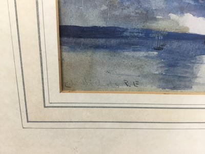 Lot 79 - C M Nichols, signed watercolour, marine scene, 18.5cm x 9cm together with a monochrome watercolour of shepherd in a landscape, 21.5cm x 16cm both mounted in glazed frames