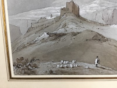 Lot 78 - C M Nichols, signed watercolour, marine scene, 18.5cm x 9cm together with a monochrome watercolour of shepherd in a landscape, 21.5cm x 16cm both mounted in glazed frames