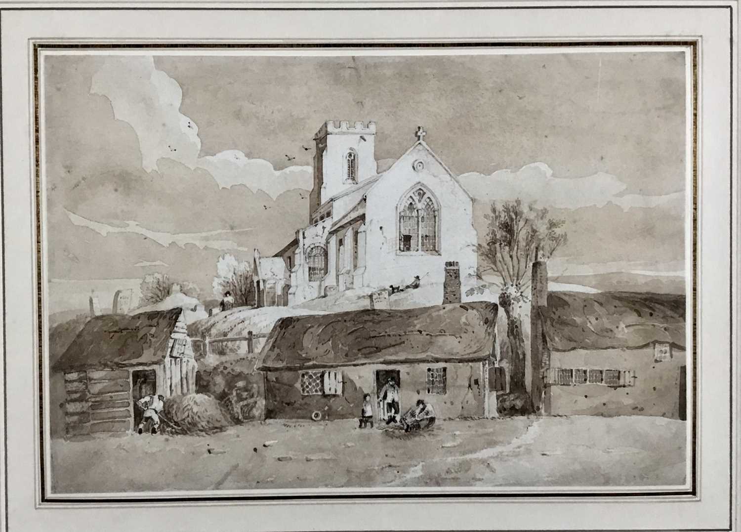 Lot 73 - English school, watercolour - figures in a landscape, 30cm x 21cm, mounted in glazed frame, 52cm x 44cm, overall