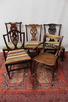 Lot 1508 - Early 19th century elm and fruitwood open armchair with four various Georgian mahogany dining chairs.