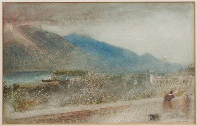 Lot 1253 - Albert Goodwin (1845-1932), watercolour, The Summer Storm, Locarno, Lago Maggiore, inscribed, signed and dated 1912, 28cm x 45cm, in glazed frame