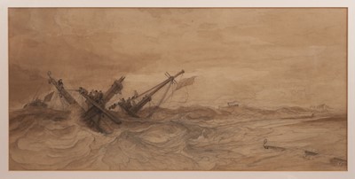 Lot 173 - Edward Duncan (1803-1882) pencil and watercolour - The Goodwin Sands, monogrammed, 34cm x 70cm, exhibition label verso dated 1863, in glazed frame