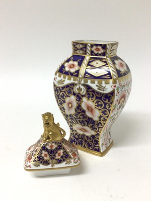 Lot 175 - Royal Crown Derby Imari vase and cover, of square baluster form, with lion knop, 25cm high