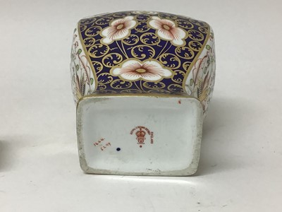 Lot 175 - Royal Crown Derby Imari vase and cover, of square baluster form, with lion knop, 25cm high