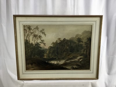 Lot 113 - Late 18th / early 19th century watercolour -  'John Thompson's Mill', Westmorland landscape, inscription preserved verso, 49cm x 34cm