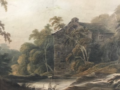 Lot 113 - Late 18th / early 19th century watercolour -  'John Thompson's Mill', Westmorland landscape, inscription preserved verso, 49cm x 34cm