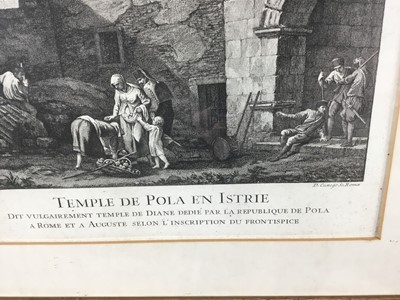 Lot 109 - Three 18th century architectural engravings Temple of Pola, Arch of Septimus Severus and Piazza Navona, in Hogarth frames, approx 77cm x 64cm overall