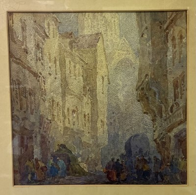 Lot 1260 - Thurston Laidlaw Shoosmith (1865-1933), watercolour - Rue Dorniette, Rouen, artists label verso, 32cm square, in glazed frame