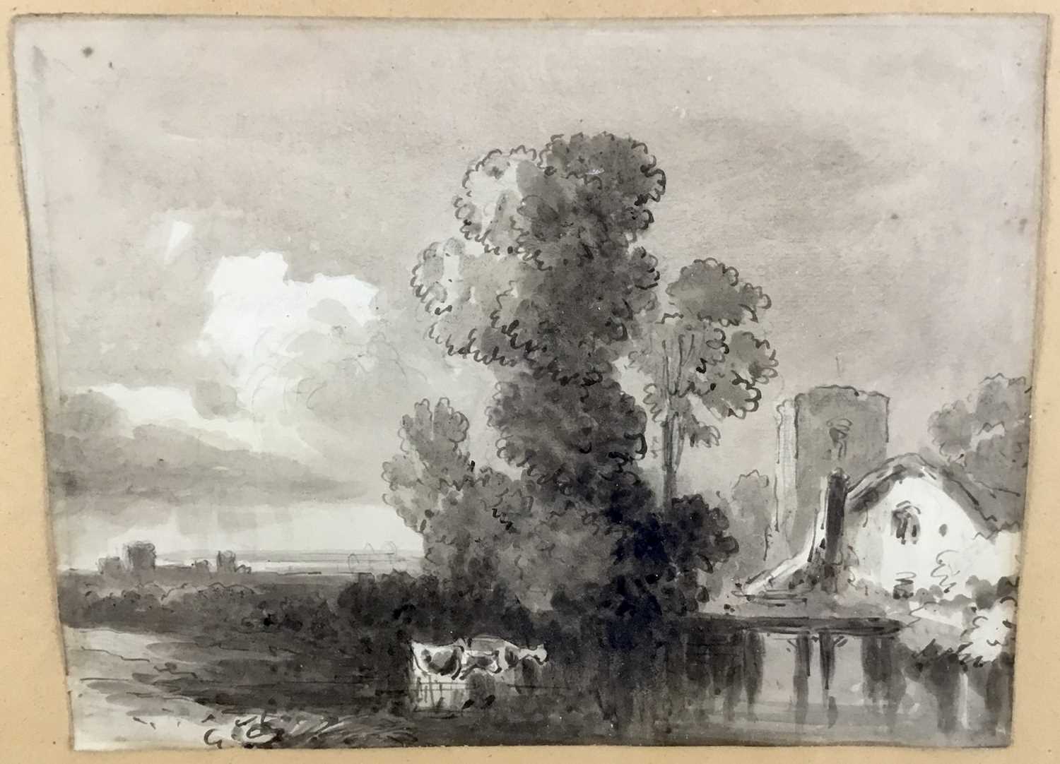 Lot 76 - Early 19th century monochrome study - cows and church, 23.5cm x 18cm