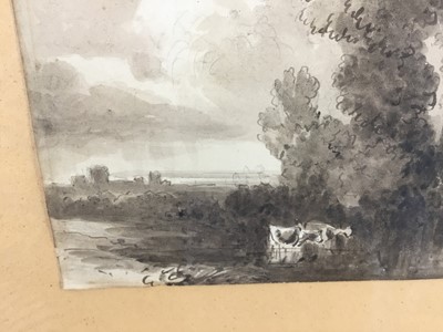 Lot 76 - Early 19th century monochrome study - cows and church, 23.5cm x 18cm