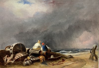 Lot 1251 - English School, 19th century, oil on canvas - sailors on a beach, 41cm x 59cm, unframed