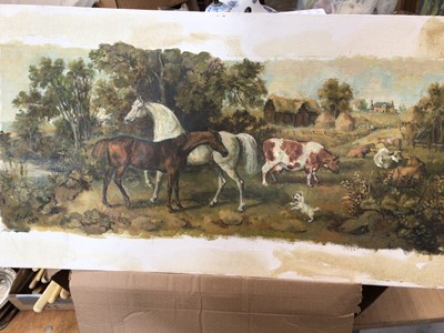 Lot 868 - Oil on board unframed picture "horses and cattle", signed Lapin 1989