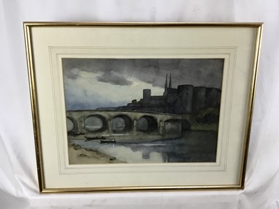 Lot 110 - 19th century monochrome depiction of a military encampment, together with a late 19th century watercolour of bridge and battlements