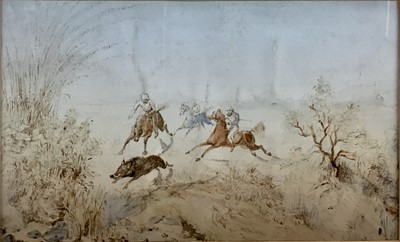 Lot 69 - Anglo Indian watercolour of a boar hunt, 21cm x 13cm mounted in glazed gilt frame