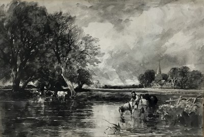 Lot 72 - Monochrome watercolour after John Constable of figure and cattle at a ford, in glazed frame 69cm x 54cm overall