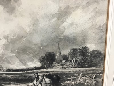 Lot 72 - Monochrome watercolour after John Constable of figure and cattle at a ford, in glazed frame 69cm x 54cm overall