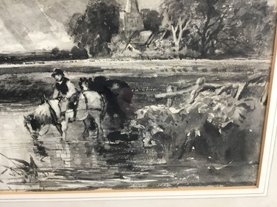 Lot 102 - Monochrome watercolour after John Constable of figure and cattle at a ford, in glazed frame 69cm x 54cm overall