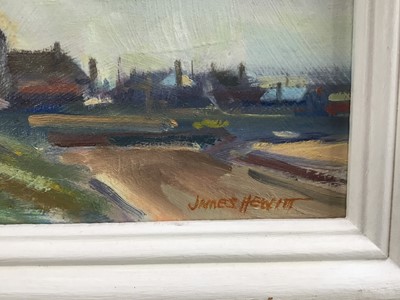 Lot 31 - James Hewitt (b. 1934) oil on board - 'Felixstowe Ferry, Morning Sky', signed, titled verso, 35.5cm x 27.5cm, framed