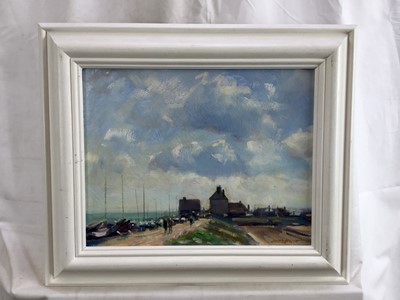 Lot 31 - James Hewitt (b. 1934) oil on board - 'Felixstowe Ferry, Morning Sky', signed, titled verso, 35.5cm x 27.5cm, framed