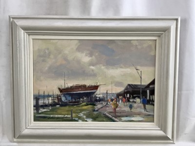 Lot 33 - James Hewitt (b. 1934) oil on board - ‘Blackshore Southwold’, signed, 27cm x 18cm, framed